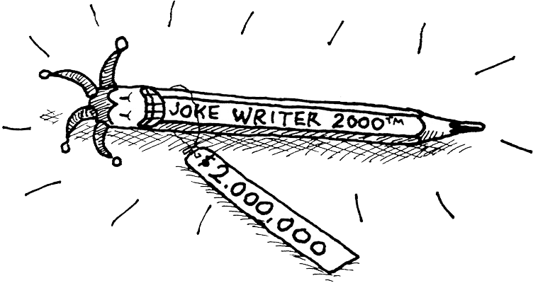 Decorative image of a pencil that has joke write 2000 written on it and a price tag of 2000000 dollars